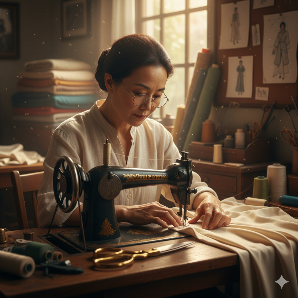 Nghệ nhân đang may vá